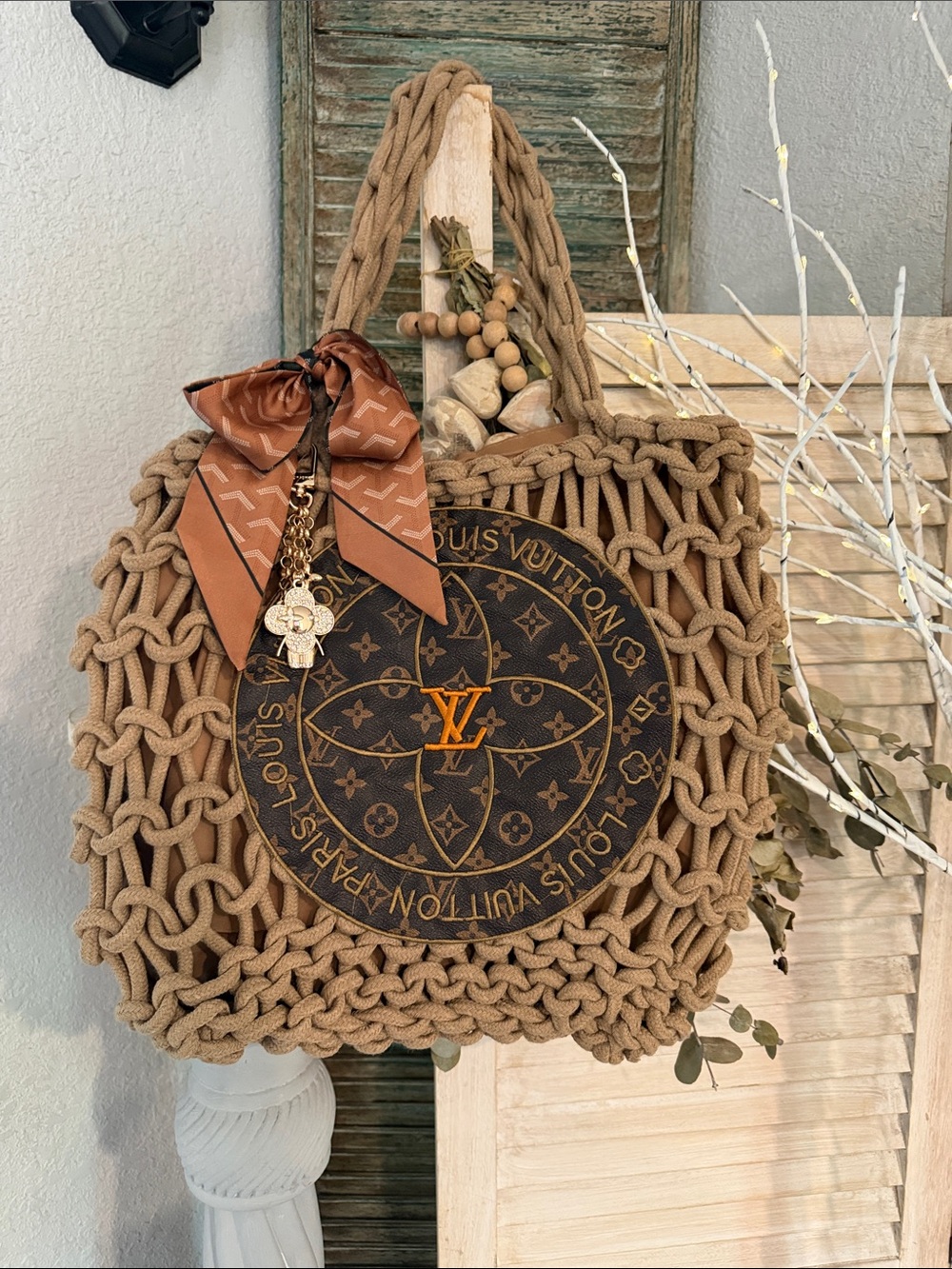 Handcrafted Tan Knitted Tote with charms and twilley